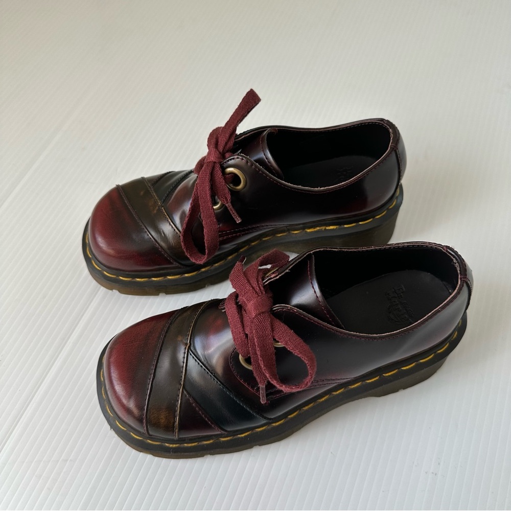 Dr. Martens Burgundy Red Platform Shoes with Yellow Stitching - Picture 4 of 15